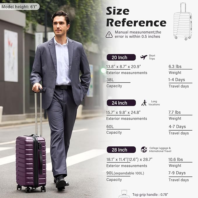 Coolife Medium Luggage Hardside Carry On with Spinner Wheels TSA Lock Telescopic Handle 24inch-Purple