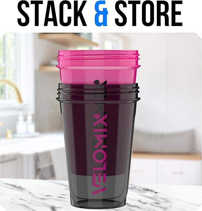 VELOMIX -2 Pack- 20 oz Protein Shaker Bottles for Protein Mixes - 2x Wire Whisk | Leak Proof Shaker Cups for Protein Shakes and Pre Workout | Protein Shaker Bottle Pack (A6) Black/Pink