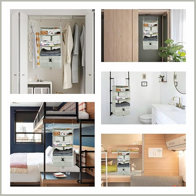 Surblue Hanging Closet Storage Bag Collapsible 3-Shelf Washable Oxford Fabric with 2 Hooks (L 11.41 * 11.41 * 19.68in, Light Gray)
