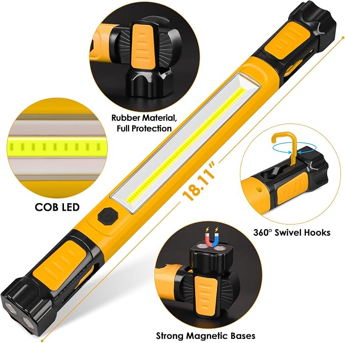 Ropelux Mechanic Work Light Bar with 2500LM 5200mAh Battery, Orange 3 Pcs | 2-Level Brightness, 7500K Cool White, 4-10 Hours Runtime, Magnetic Bases, Hooks, 360° Rotating, Rechargeable, Tool Gift