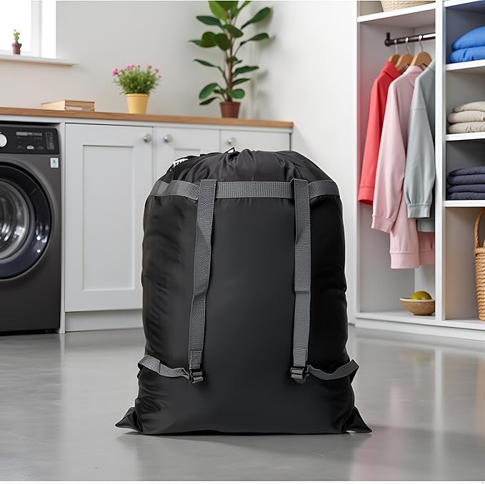 Laundry Bag Backpack, 27” x 34”Sturdy Laundry Bag with Shoulder Straps Drawstring Closure Heavy Duty Foldable Laundry Backpack for College, Travel, Laundromat, Apartment (black)