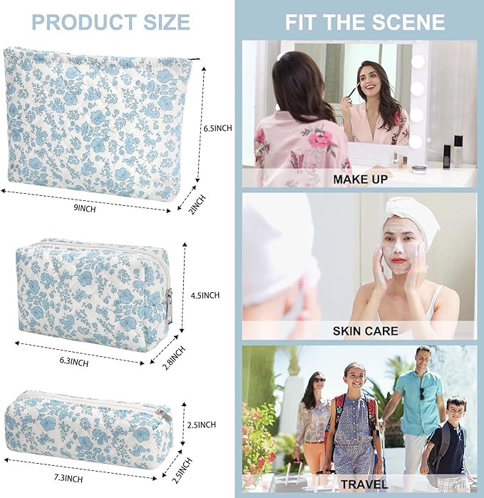 EIMMBD Makeup Bag 3 Pieces Large Capacity Cosmetic Bag Travel Toiletry Bag Organizer Cute Makeup Bag Pouch Storage Bag for Women(Blue White)