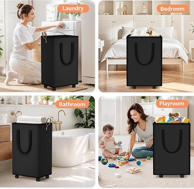 Laundry Basket with Wheels, Collapsible Laundry Baskets, Laundry Hamper with Handles Detachable Wheels, Rolling Laundry Basket, Dirty Clothes Hamper for Bathroom, Dorm, Bedroom, Black, 80L