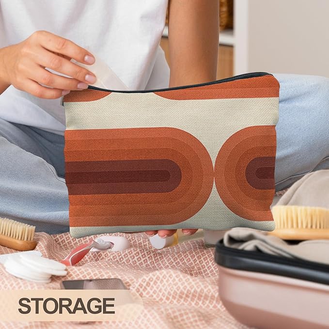 Vintage Boho Terracota Rainbow Makeup Bag, Mid Century Modern Rainbow Cosmetic Bags for Women, Boho Gifts for Women, Retro Arch Art Zipper Makeup Pouch