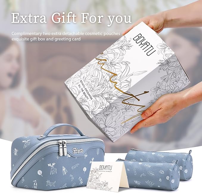 BOYATU Travel Makeup Bag Cosmetic Bags for Women: 3 Pcs Set Portable Make up Bag with Handle - PU Leather Toiletry Bags with Compartments - Makeup Organizer for Travel Essentials(L-2-Blue)
