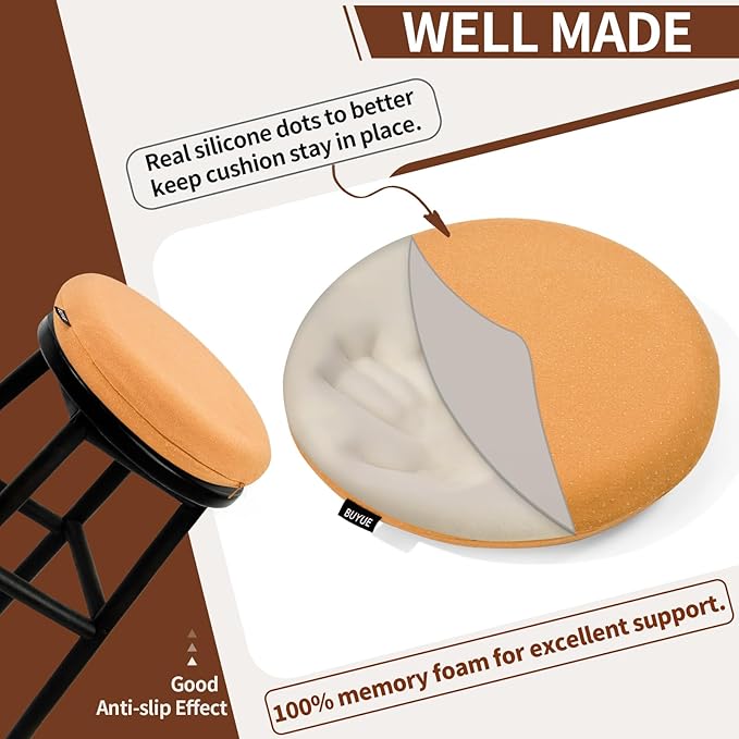 BUYUE Memory Foam Seat Cushion, Dia 15" Soft Velvet Round Stool Cushion Anti-Slip Chair Pads, M, Orange