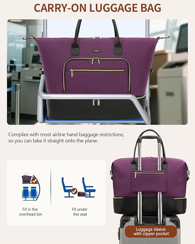 Duffle Bag for Women Travel, Weekender Bag Overnight Bag with Shoe Compartment, Carry on Bag with Crossbody Purse for Over Night, Weekend, Yoga, Gym, Business Trips, Hospital, Purple Black