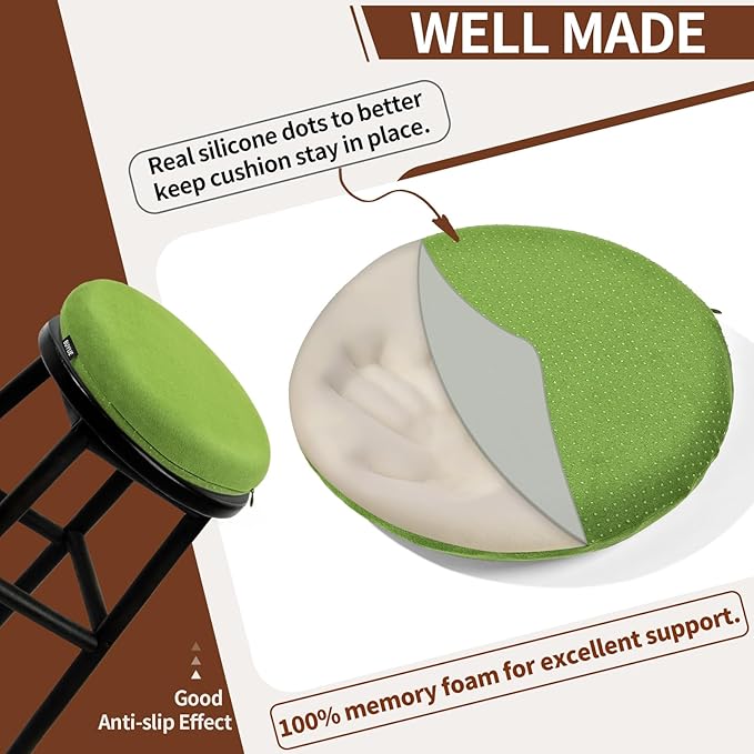 BUYUE Memory Foam Seat Cushion, Dia 15" Soft Velvet Round Stool Cushion Anti-Slip Chair Pads, M, Green