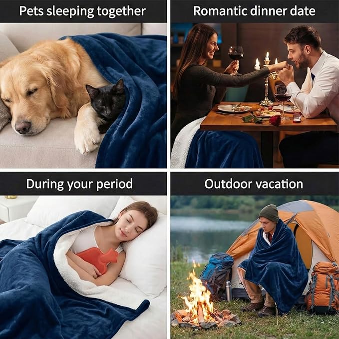 King Size Waterproof Blanket for Bed Couch, 80'' x 80'' Double Side Leakproof Reversible Sherpa Flannel Fleece 3-Layer Lightweight Blanket, Absorbs 70oz(Navy Blue/White), Machine Washable