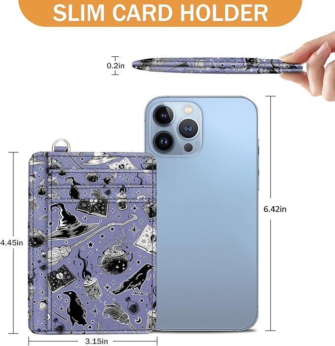 Yonlevres Credit Card Holder Slim Wallet, Magic Goth RFID Wallet Women Front Pocket Small Card Holder Travel Cute Funny Thin Card Case ID Window PU Leather RFID Blocking Card Organizer Gifts Girls