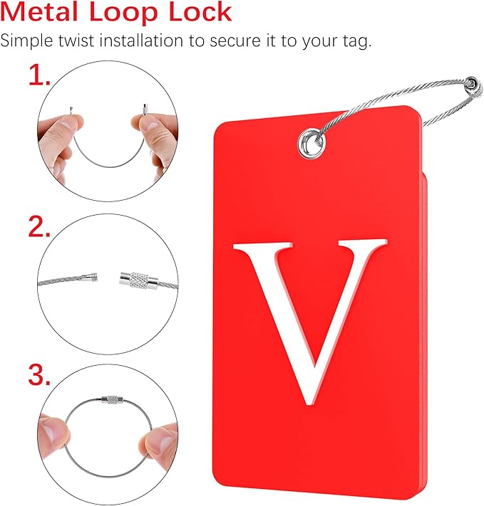 Gostwo 2 Pack Luggage Tags for Suitcases, 26 Initial Letter Travel Luggage Baggage Identification Labels ID Tag Fully Bendable Tags with Stainless Steel Loop (Red) (Letter V)