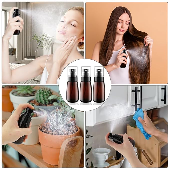Cosywell Travel Spray Bottle 2oz 60ml 3 Pack TSA Approved Leak Proof Fine Mist Spray Bottles Empty Plastic Refillable Spray Bottle for Perfume Essential Oils Toners Rose Water Cosmetics(3Brown)