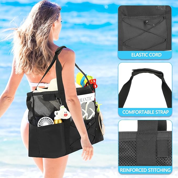 Fammart Mesh Beach Bag, Large Beach Tote with Zipper Pocket, Toys Pool Bag for Family Travel Vacation Cruise Essentials