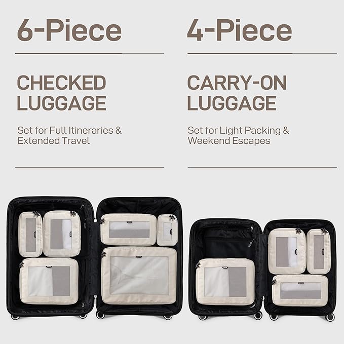 EPICKA TripCozy Compression Packing Cubes - 6 Set Durable Travel Organizer Bags with Mesh Top, Expandable Travel Accessories for Carry on, Luggage, Suitcase, Backpack (Beige)