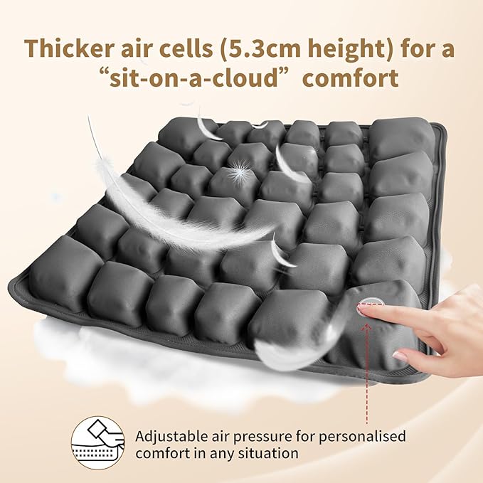 Air Inflatable Travel Seat Cushion with Built-in Pump & Carry Bag– Portable & Adjustable for Airplane, Car, Office – Coccyx, Sciatica & Tailbone Pain Relief (Gray)