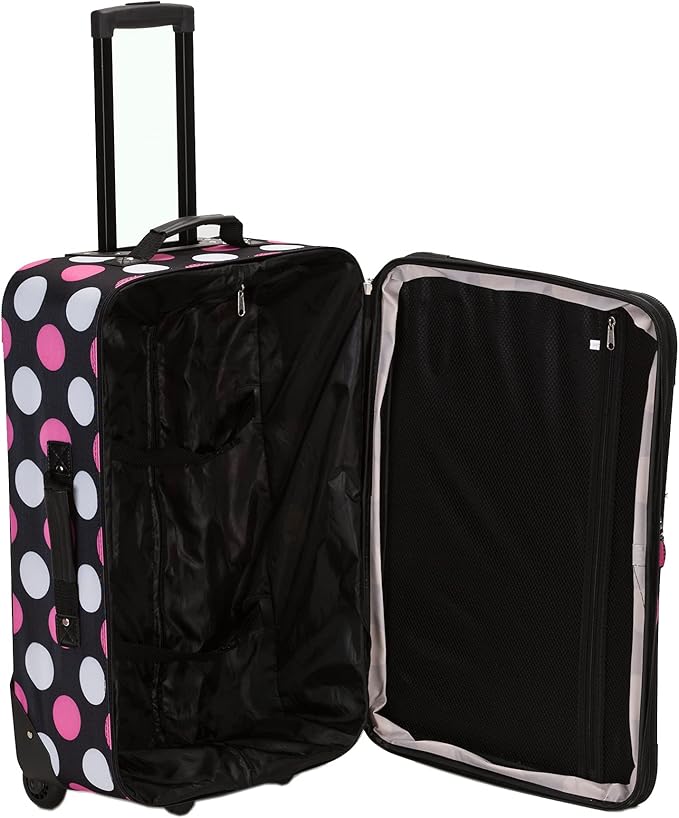 Rockland Escape 4-Piece Softside Upright Luggage Set, Telescoping Handles, Multi/Pink Dot, (14/19/24/28)