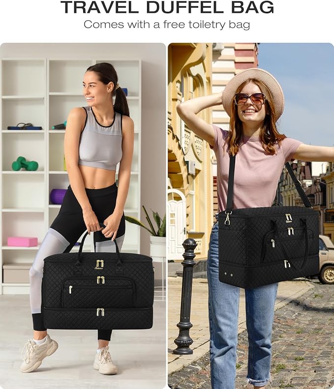 Travel Duffle Bag, Wide Open Large Weekender Bag for Women with Shoe Compartment, Carry on Overnight Bags with Toiletry Bag, Hospital Bag for Women Labor Delivery with Wet Pocket (Black)
