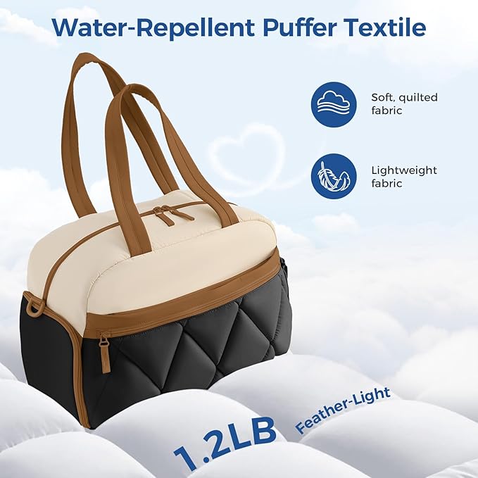 Gym Bag for Women, Puffer Travel Duffle Bag With Shoes Compartment & Wet Pocket, Carry On Tote Bag For Weekender, Overnight, Sport duffel bags for traveling (Beige & Brown, Medium)