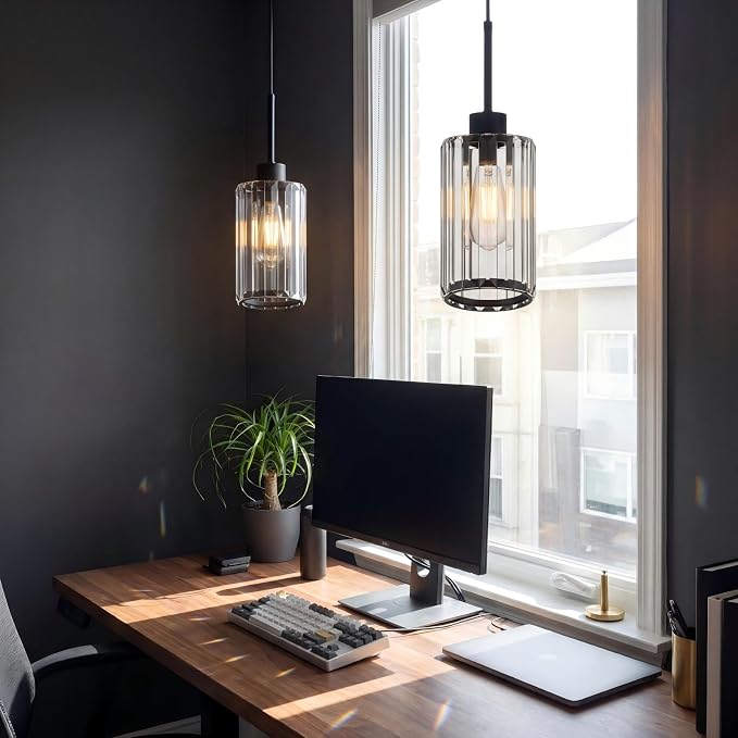 Modern Clear Fluted Glass Pendant Light 1 Pack - Thick Ribbed Glass with Soft Glow, Adjustable E26 Hanging Lamp for Kitchen Island & Dining Room