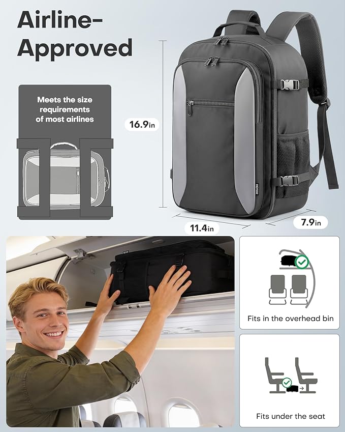 HOTOR Travel Backpack - TSA-Friendly Carry-On Backpack for Men & Women, Internal Luggage Straps & Waterproof Pocket, Perfect for Travel Essentials, Work, Commuting, 16.9" x 11.4" x 7.9", Gray
