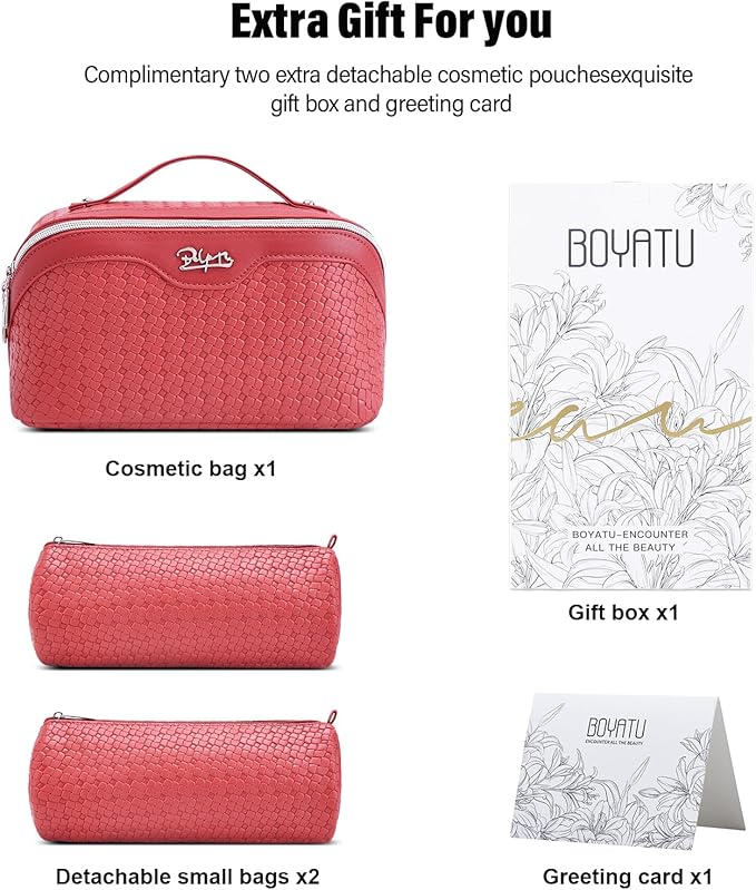 BOYATU Travel Makeup Bag Cosmetic Bags for Women: Large Capacity 3 Pcs Set Make up Bag with Compartments - Waterproof Vegan Leather Toiletry Organizer Bags with Handle (L54Rose)