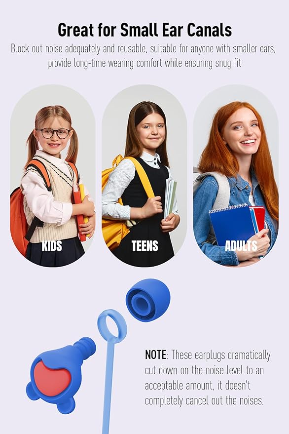 Kids Ear Plugs (6-12 Years) with Cord, Kids Ear Protection Reusable Noise Relief Earplugs for Focus, Travel, Concert, Socializing, Events, Sleep, Anxiety, Home, School, Playtime -26dB Noise Reduction