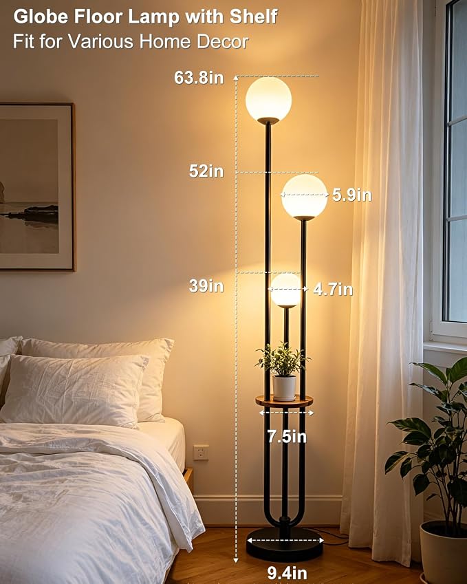 Lightdot Dimmable Floor Lamp for Living Room 3-Globe Standing Lamp with Table Candle Holder Style 3000K Warmwhite Bulbs Included Black Tall Lamps with 5Lbs Heavy Base for Sofa Beside/Corner Decor