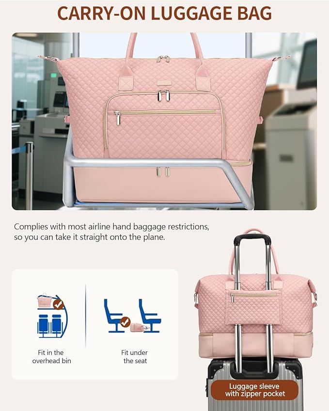 Duffle Bag for Women Travel, Weekender Bag Overnight Bag with Shoe Compartment, Carry on Bag with Crossbody Purse for Over Night, Weekend, Yoga, Gym, Business Trips, Hospital, Pink