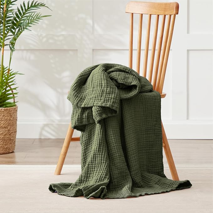 100% Cotton Muslin Blanket Queen 90" x 90", Breathable and Lightweight Cotton Throw Blanket for Bed, Soft Cooling Summer Gauze Blanket for Adults All Season, Olive Green