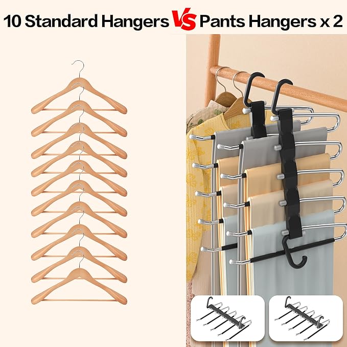Pants Hangers Space Saving - 4 PCS Closet Organizer and Storage Jean Hangers, Stainless Steel Anti-Slip Clothes Hanger Scarf Holder Pants for Jeans Leggings Trousers Rack for Back to School, Black