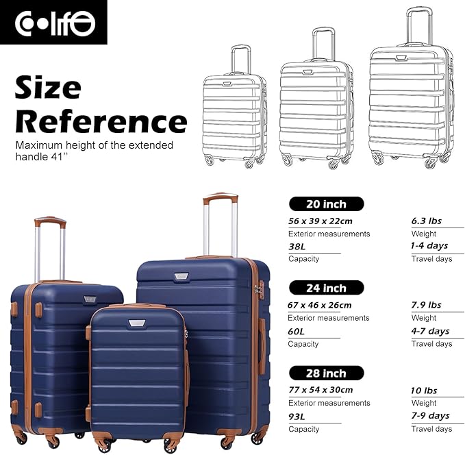 Coolife Luggage 3 Piece Set, Lightweight Durable Hardshell Suitcase set with 360° Spinner Wheels, TSA-approved Lock, Checked Family Travel Luggage sets, 20/24/28 Inch, Apricot Navy