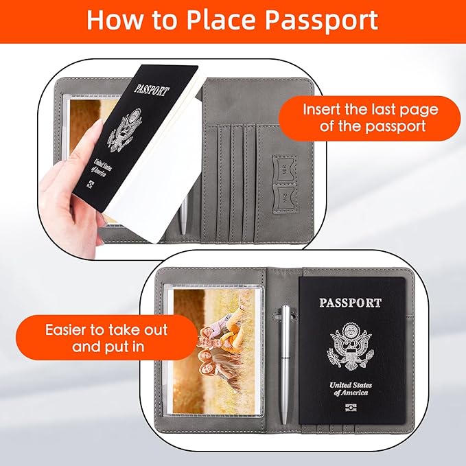 WALNEW Passport Holder for Travel, RFID Passport Cover Wallet for Women Men, PU Leather Passport Book Card Holder Case with Pen (Upgraded, Upgraded-Gray)