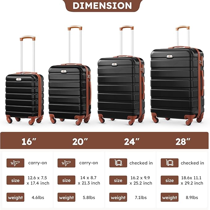 Suitour 4 Piece Luggage Sets, Hard Shell Suitcase Set with Spinner Wheels 16 20 24 28inch Travel Sets(Black Tan)