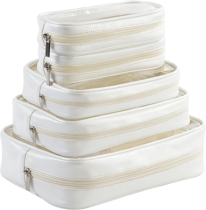 TSA Approved 5-Piece Diaper Bag Organizer Pouch Set Clear Waterproof TPU Kids Toiletry Storage Set Travel Packing Clutch Cube Bags for Baby Nursing(Pearl White Leather)
