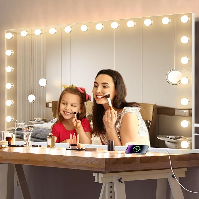 Ratsamee Hollywood Vanity Mirror with Lights, 24 Dimmable Bulbs, 3 Color Lights,Make Up Lighted Mirror, Aluminum Metal Frame, USB Charging Port(48" x 30")