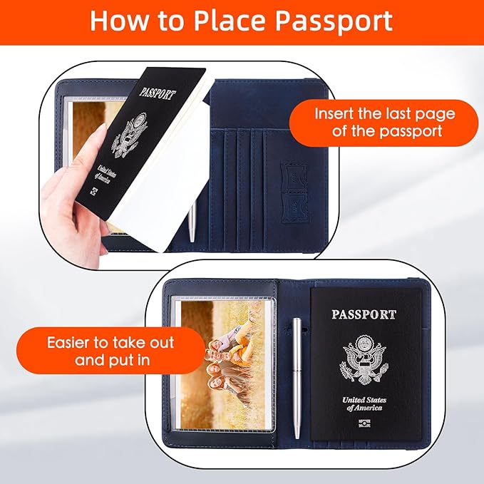 WALNEW Passport Holder for Travel, RFID Passport Cover Wallet for Women Men, PU Leather Passport Book Card Holder Case with Pen (Upgraded, Upgraded-Navy Blue)