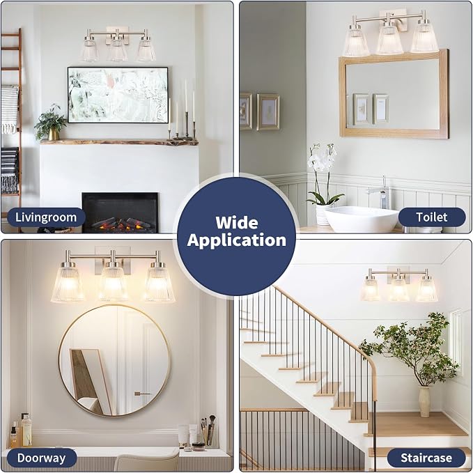 OCIOC Nickel Bathroom Vanity Light 3-Light Bathroom Light Fixtures Over Mirror Vanity Lighting Fixtures with Striped Glass Shade,17inch Modern Vanity Lights for Bathroom Wall Sconce Lights for Bedroom