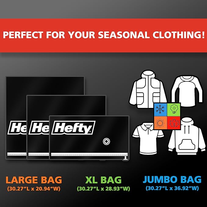 Hefty MAX Shrink-Pak Vacuum Seal Storage Bags for Clothing, Travel, Bedding | Tear-Proof, Dual-Valve Space Saver Compression Bags - 1 Large, 1 XL, 1 Jumbo