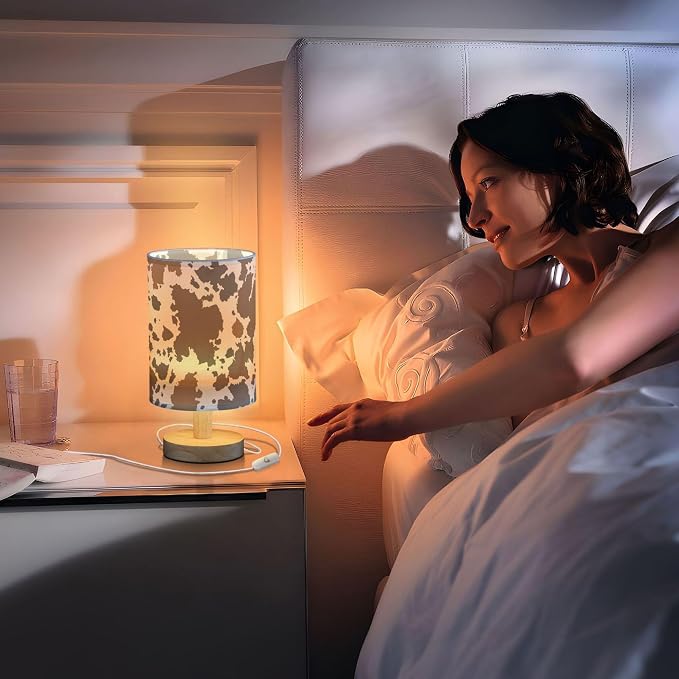 Table Lamp Cow Skin Brown Cowhide Pattern Nightstand Lamp with Wood Base Fabric Lamp Shade Bedside Desk Lamp for Living Room Bedroom Kids Room Office