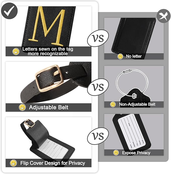 Personalized Initial Luggage Tags for Suitcases, Cute PU Leather Embroidered Letter Travel Luggage Tags, Suitcase Identifier Name Baggage Tag, Bag Tags for Men Women Kids Luggage Handbags(Black M)