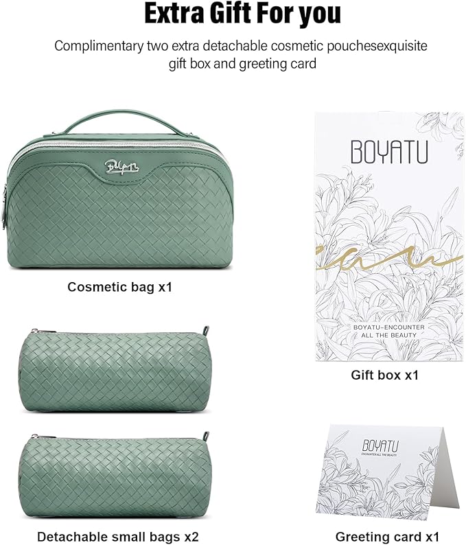 BOYATU Travel Makeup Bag Cosmetic Bags for Women: Large Capacity 3 Pcs Set Make up Bag with Compartments - Waterproof Vegan Leather Toiletry Organizer Bags with Handle (L10 Grass Green)