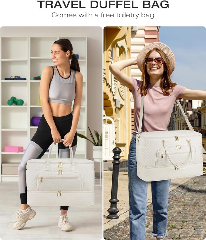 Travel Duffle Bag, Wide Open Large Weekender Bag for Women with Shoe Compartment, Carry on Overnight Bags with Toiletry Bag, Hospital Bag for Women Labor Delivery with Wet Pocket (Beige)