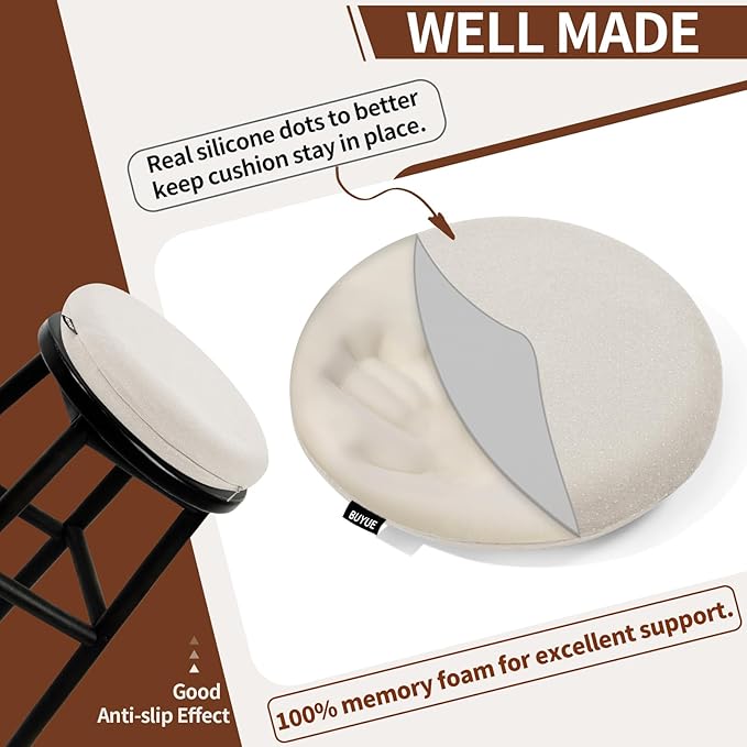 BUYUE Memory Foam Seat Cushion, Dia 13" Soft Velvet Round Stool Cushion Anti-Slip Chair Pads, S, Light Grey