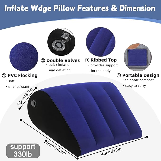 TheClover Inflatable Wedge Pillow Travel Cushion - Travel Wedge Pillow with Eye Mask,Adjustable Bed Wedge for Acid Reflux,Camping, Car, Office,Airplane (Blue)