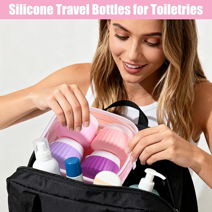 4 Pack Travel Size Silicone Cream Containers, Leak Proof Refillable Toiletry Bottles for Toiletries with 4 Scoops, Labels and Clear Bag, Suitable for Travel Shampoo and Conditioner Bottles (A)