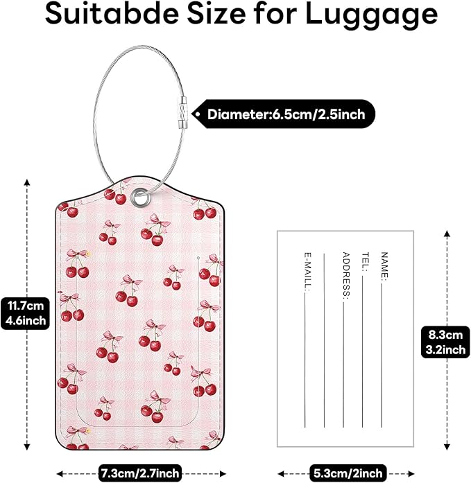 2 Pack PU Leather Luggage Tags for Suitcases, Privacy Protection Cover with Stainless Steel Loop and Address Card, Travel Cruise Essentials (Red Cherries)