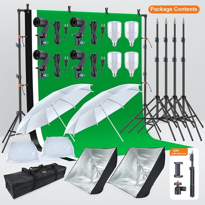 LINCO Lincostore Photo Video Studio Light Kit AM169 | Photography lighting kit, 3 muslin backdrop (black/white/green), softbox & carry bag; for portrait, video, product shoots