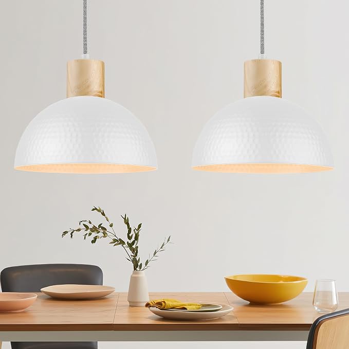 ELYONA 2 Pack Hammered Pendant Lights, 12" Modern Metal Dome Hanging Lamp Solid Wood Pendant Light Fixtures for Kitchen Island, Farmhouse, Dining Room, Sink, Bedroom, Hallway, Japandi White