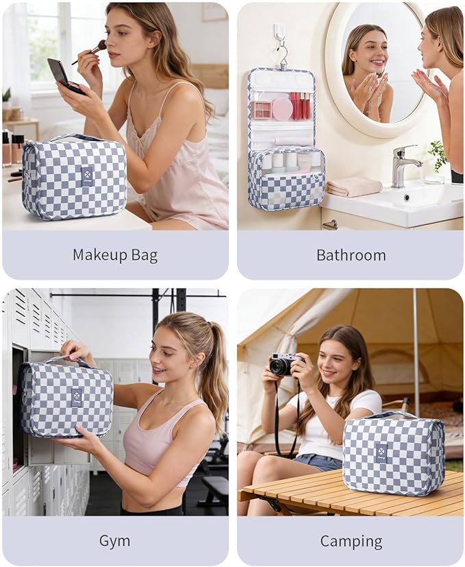 Narwey Small Hanging Travel Toiletry Bag for Traveling Women, Checkered Travel Bag for Toiletries, Makeup Bag Organizer Make Up Cosmetic Bags (Grayish Blue Checkerboard)