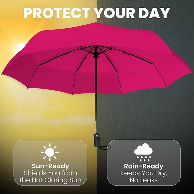 Rain-Mate Windproof Compact Umbrellas for Rain - Strong Reinforced Fiberglass Rib Design & Auto Open & Close - Portable Folding Travel Umbrella - Lightweight & Packable for Women & Men, Easy Collapse